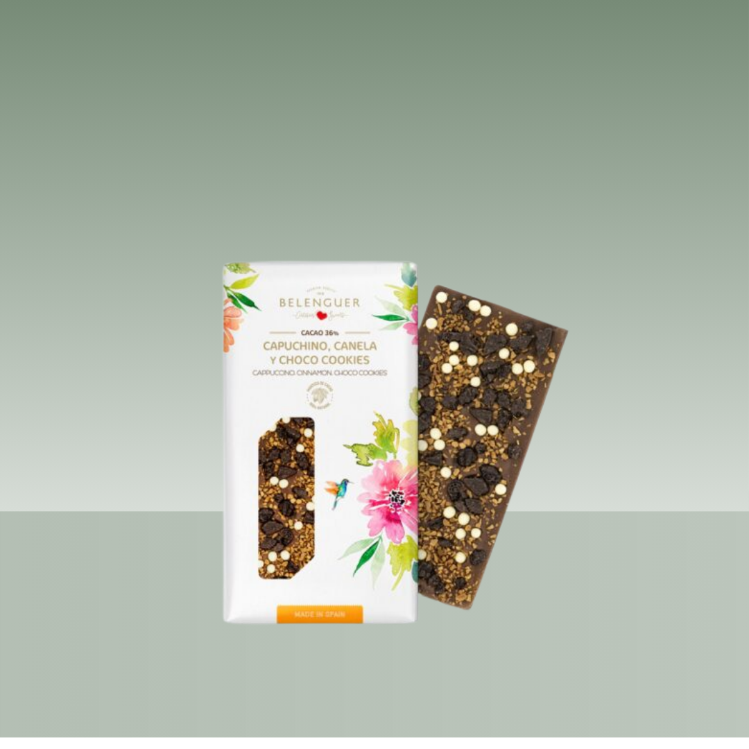 Tableta Belenguer Chocolate con Leche 36 % con capuchino, canela y choco cookies. Chocolate artesanal elaborado en España, cremoso y goloso, con notas de café, especias y crujiente de galleta. Ideal para regalo o sobremesa.