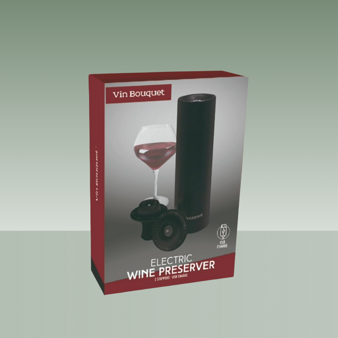 Estuche del conservador eléctrico de vino Vin Bouquet, con bomba negra recargable por USB y tapón de vacío, mostrado junto a una copa de vino en el diseño del embalaje.