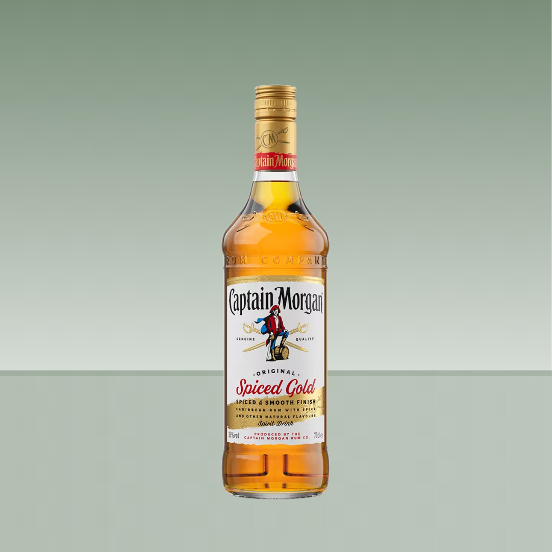 Botella de ron Capitán Morgan Original Spiced Gold 700 ml, de color dorado, con etiqueta ilustrada característica.