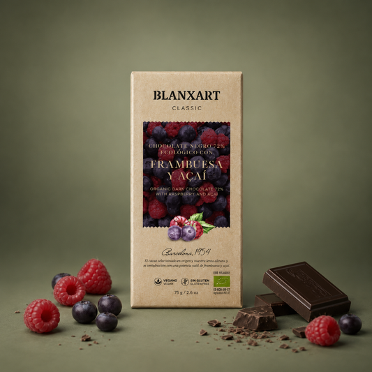 BLANXART | CHOCOLATE NEGRO 72% CON FRAMBUESA Y AÇAÍ 75gr