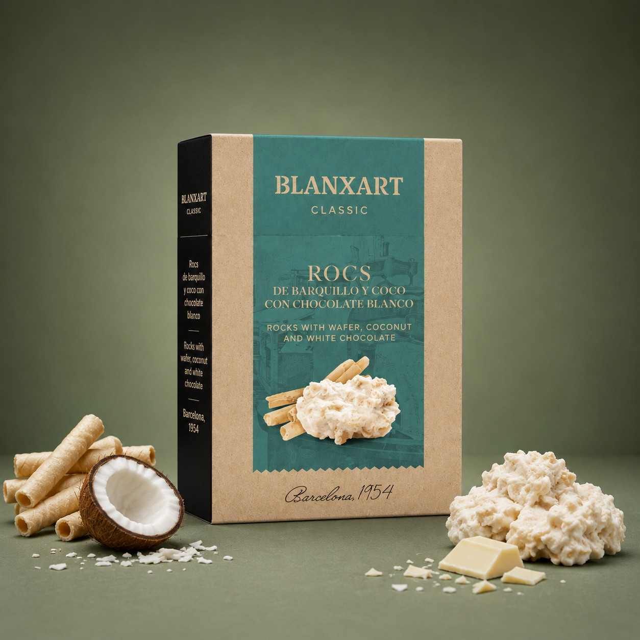 BLANXART | ROCS DE BARQUILLO Y COCO CON CHOCOLATE BLANCO 100gr