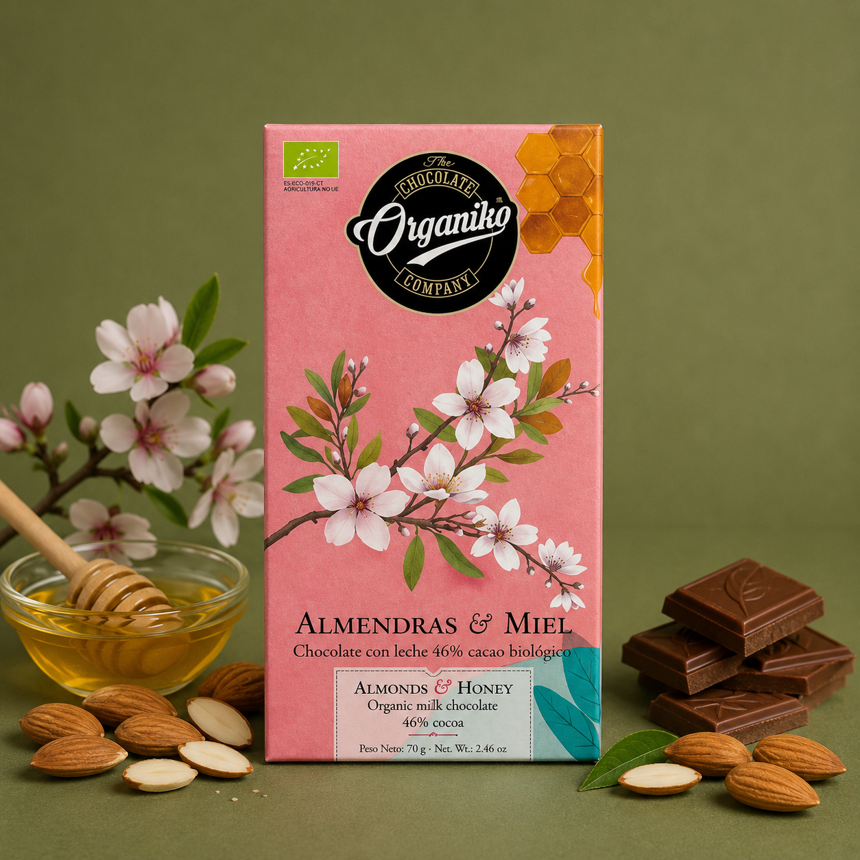 ORGANIKO CHOCOLADE MET MELK, AMANDELEN &amp; HONING 70GR