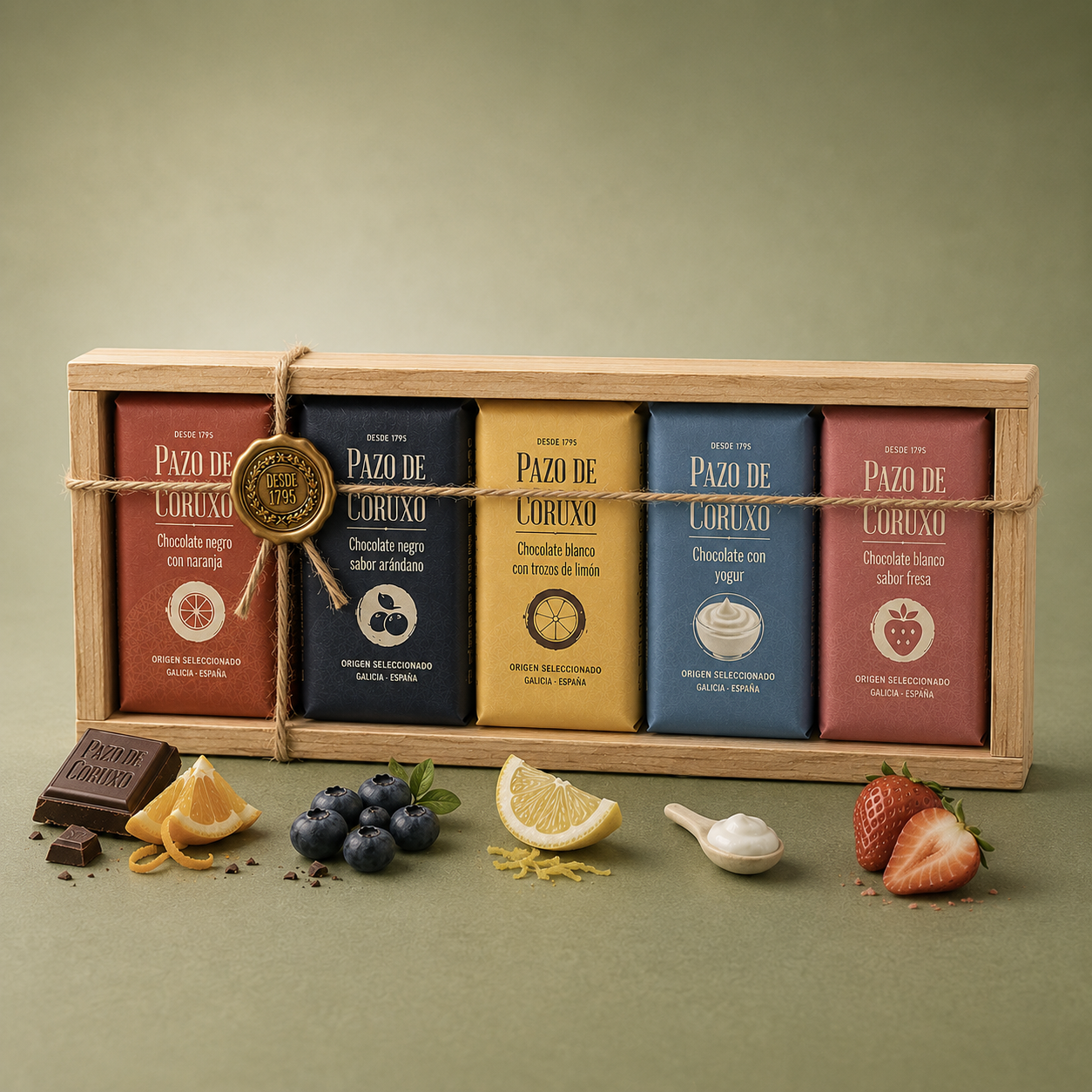 PAZO DE CORUXO | ESTUCHE MADERA CHOCOLATE FRUTAS 5X50gr