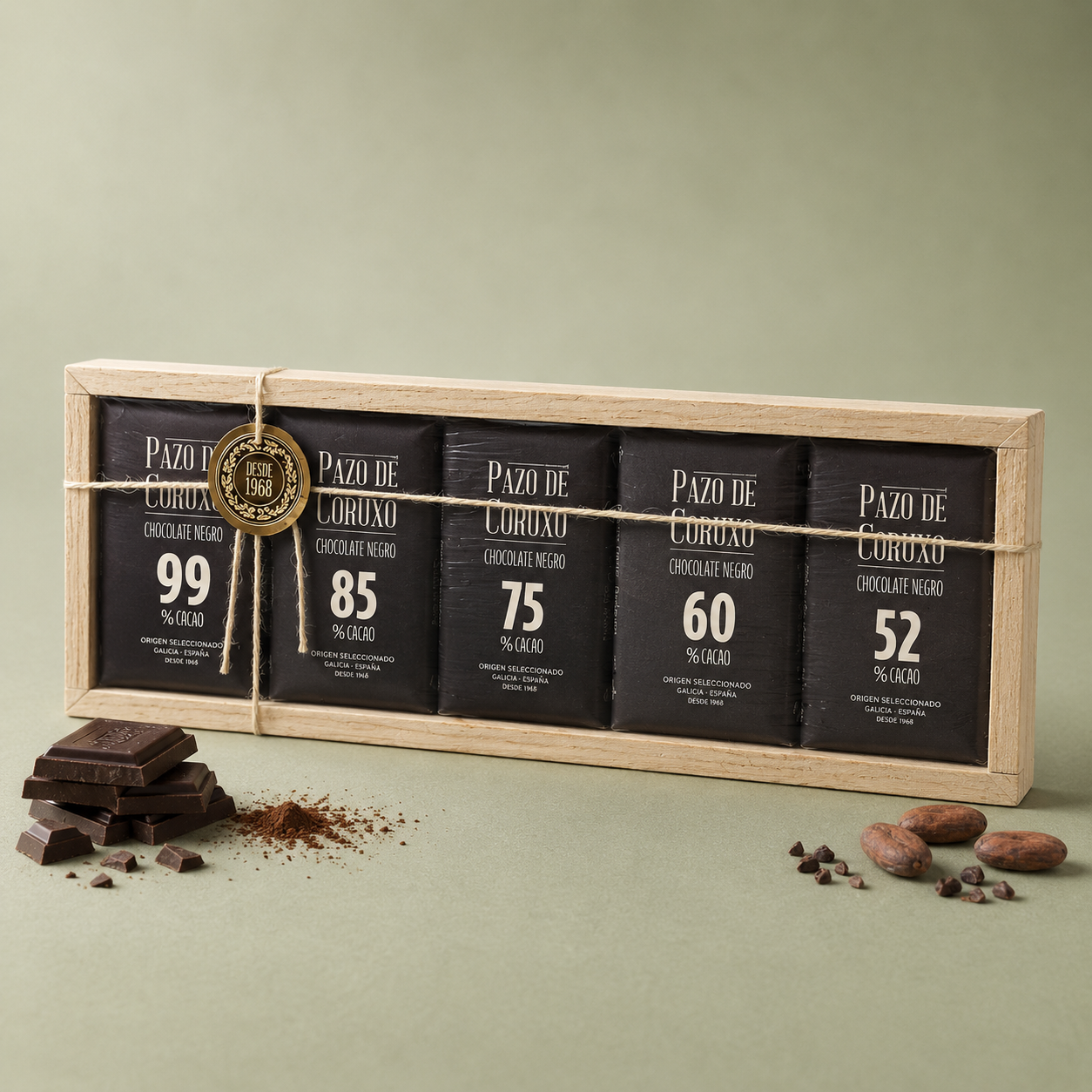 PAZO DE CORUXO | ESTUCHE MADERA CHOCOLATES PUROS 5X50gr