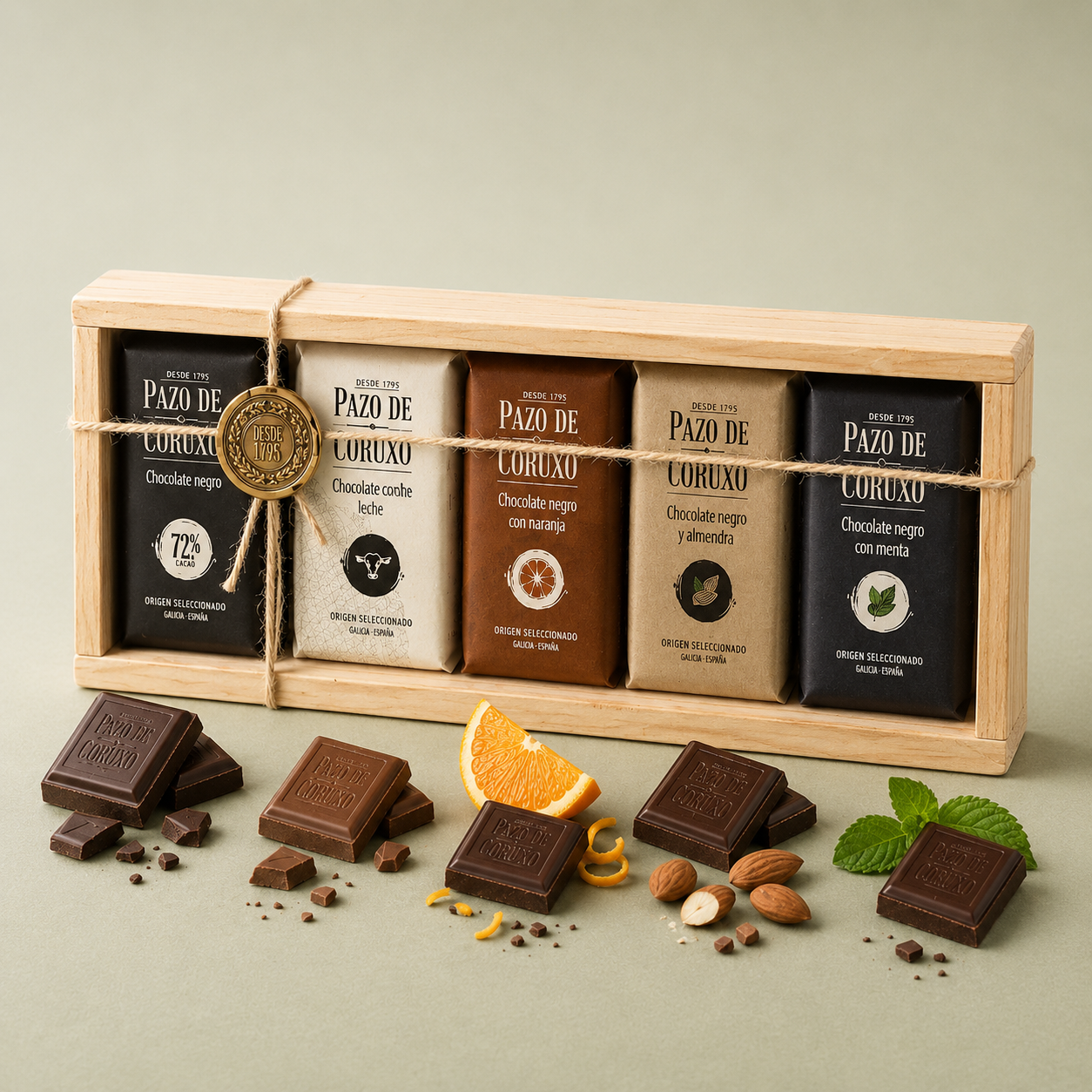 PAZO DE CORUXO | ESTUCHE MADERA CHOCOLATES SURTIDOS 5X50gr