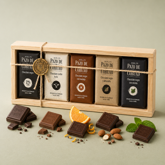 PAZO DE CORUXO | ESTUCHE MADERA CHOCOLATES SURTIDOS 5X50gr