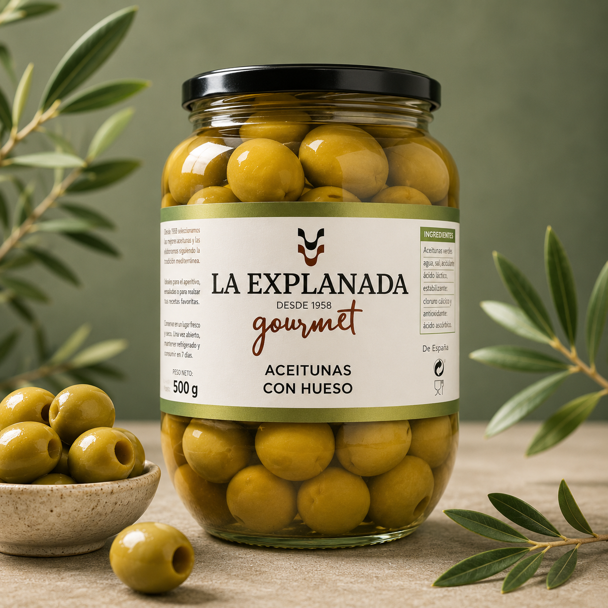 LA EXPLANADA | ACEITUNA MANZANILLA HUESO 500G