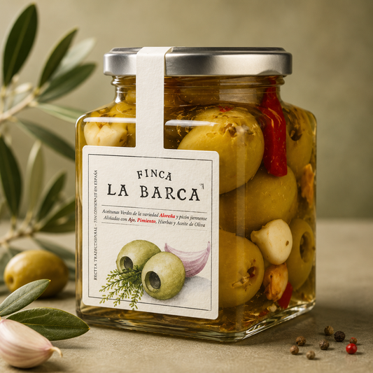 FINCA LA BARCA | ACEITUNAS EN ACEITE OLIVA AHUMADO Y FINAS HIERBAS 130G
