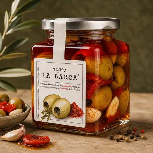 FINCA LA BARCA - GROENE OLIJVEN MET GEROOKTE OLIE EN PEPER 130G