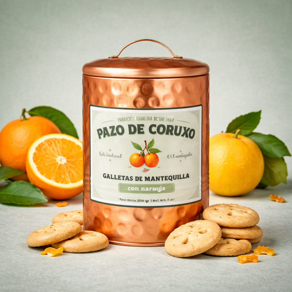 PAZO DE CORUXO | LATA COBRE GALLETAS MANTEQUILLA CON NARANJA 200gr