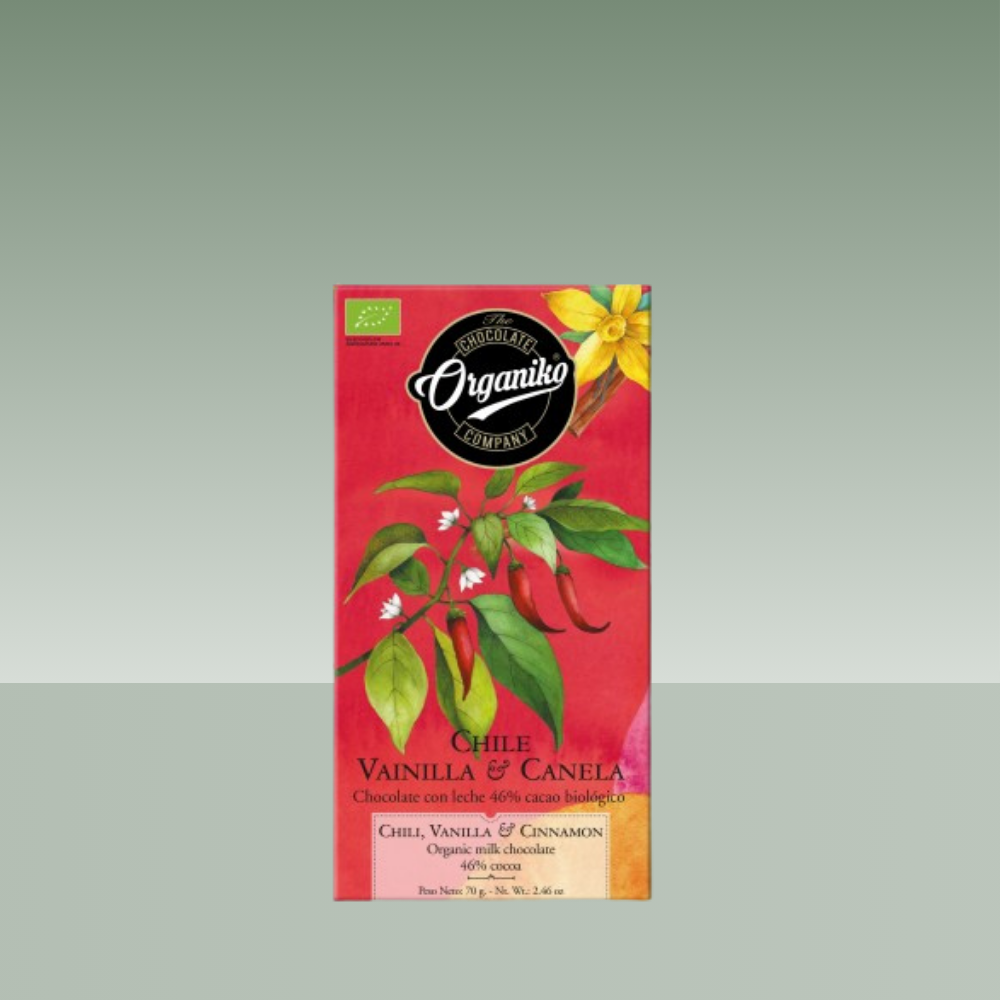 ORGANIKO CHOCOLADE MET MELK, CHILI, VANILLE &amp; KANEEL 70GR