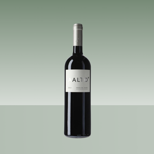 Botella de vino tinto AALTO 2023, Ribera del Duero, con botella oscura, cápsula plateada y etiqueta minimalista en tonos grises, presentada sobre fondo neutro verde suave.