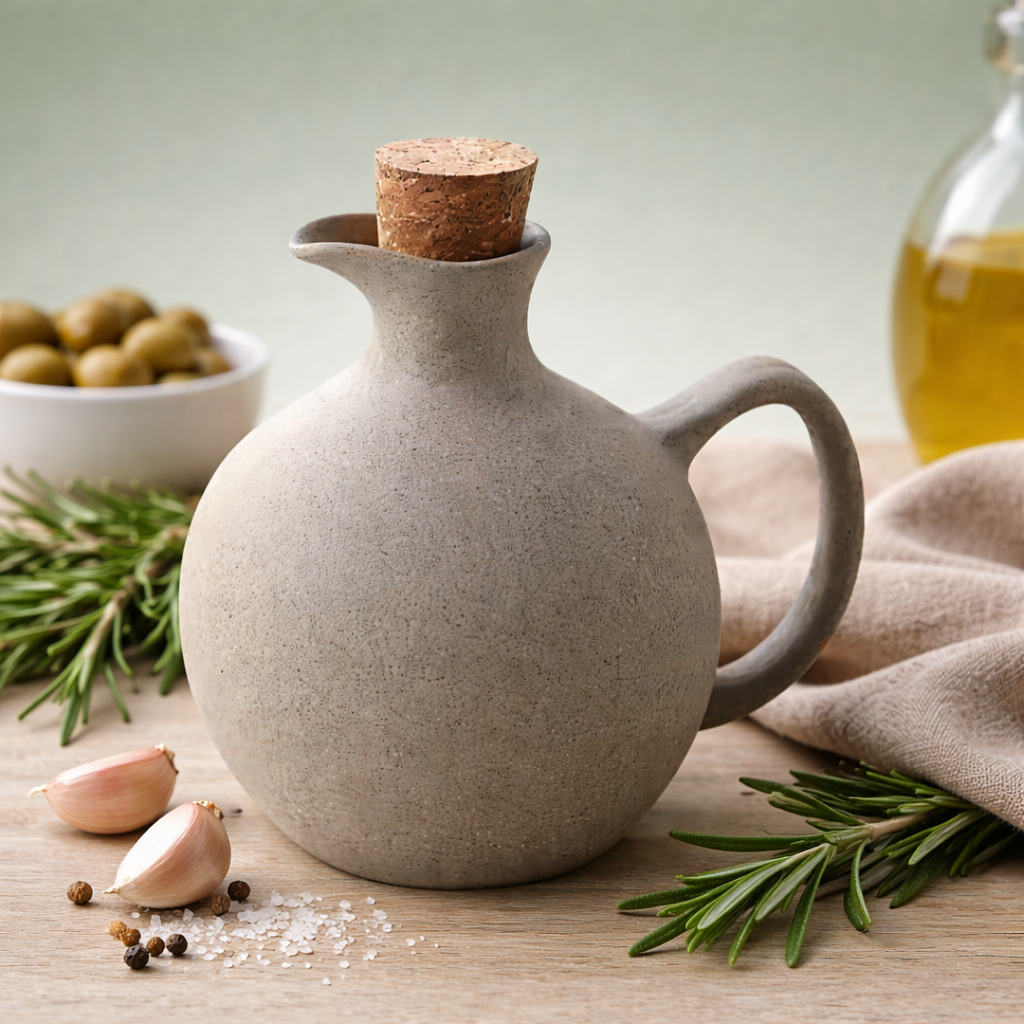Aceitera de cerámica con tapón de corcho sobre mesa rústica