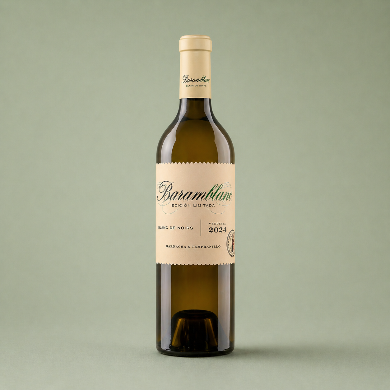 Botella de vino blanco Baramblanc Blanc de Noirs 2024 de Alto Moncayo.
