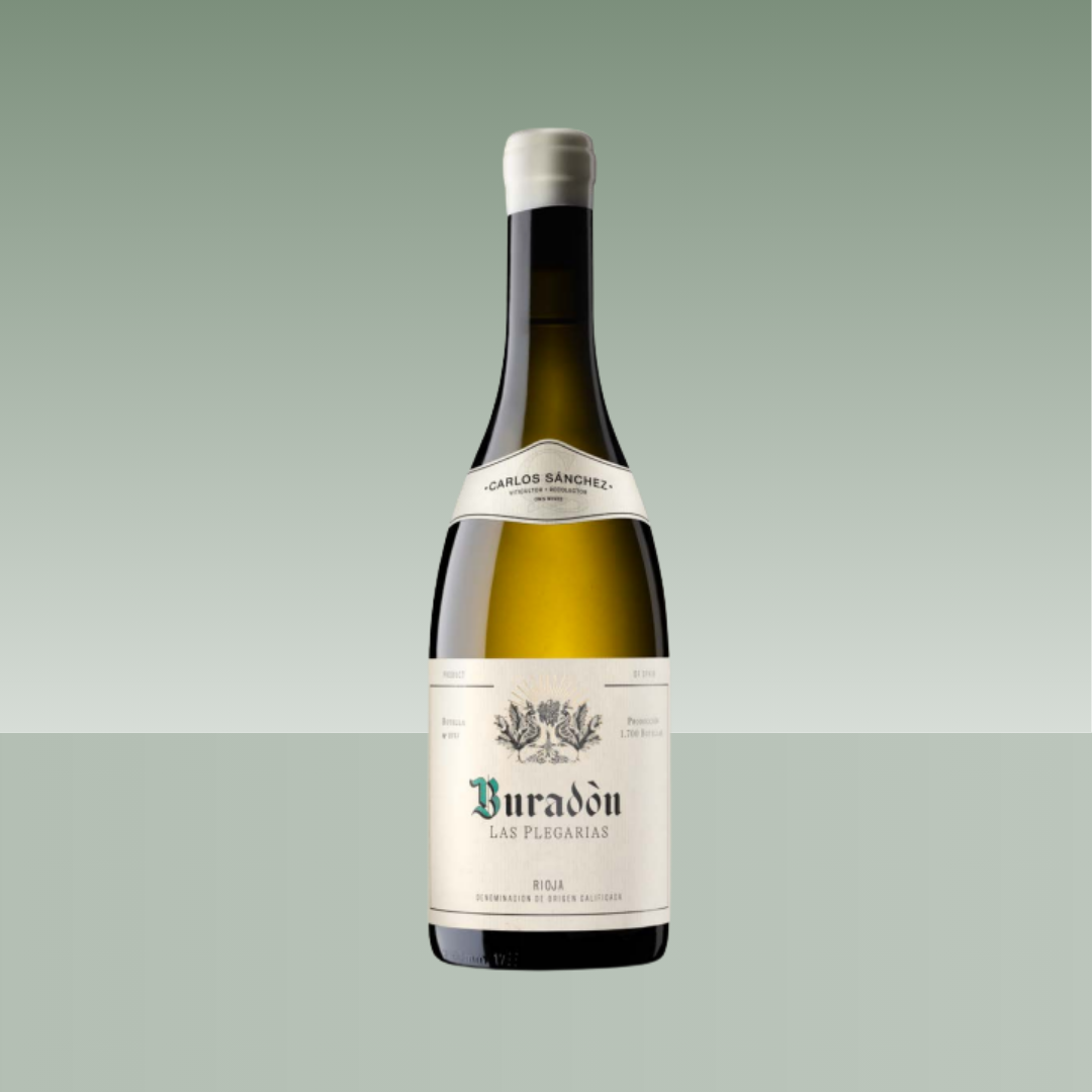 Botella de Buradón Las Plegarias blanco Rioja Carlos Sánchez.