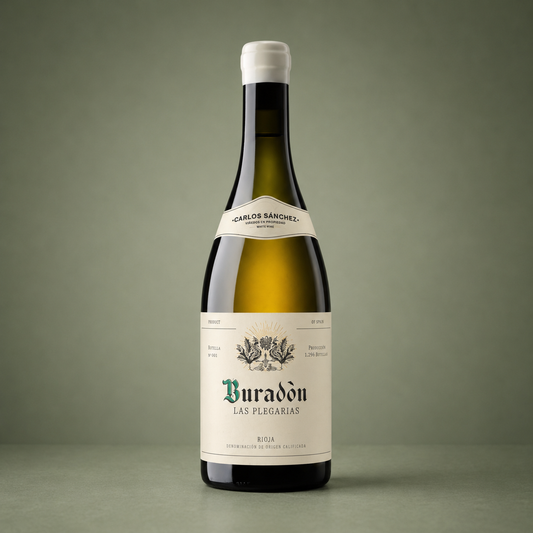 Botella de Buradón Las Plegarias, vino blanco de Rioja elaborado por Carlos Sánchez Viticultor.