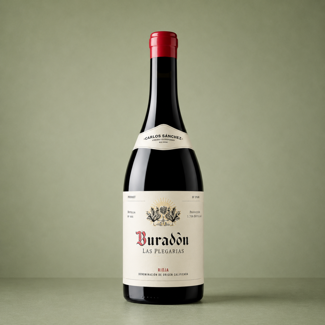 Botella de Buradón Las Plegarias, vino tinto de Rioja elaborado por Carlos Sánchez Viticultor.