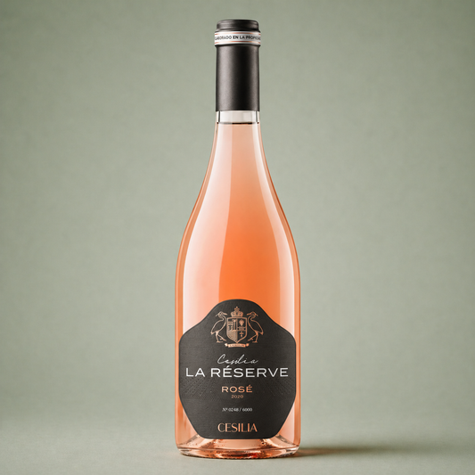 Botella de vino rosado Cesilia La Réserve Rosé con etiqueta negra elaborada en Alicante