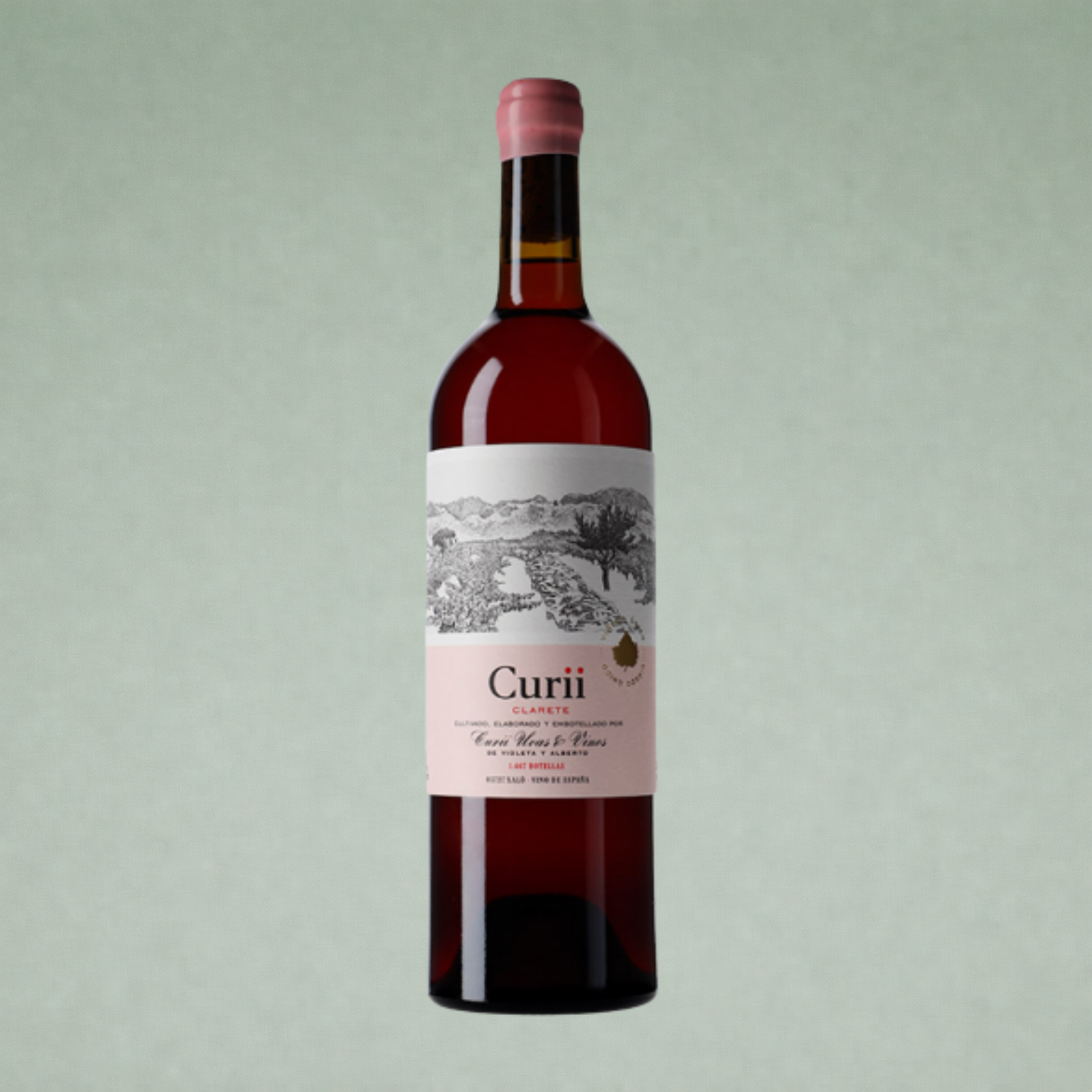Botella de Curii Clarete, vino rosado con etiqueta de paisaje ilustrado en tonos suaves.