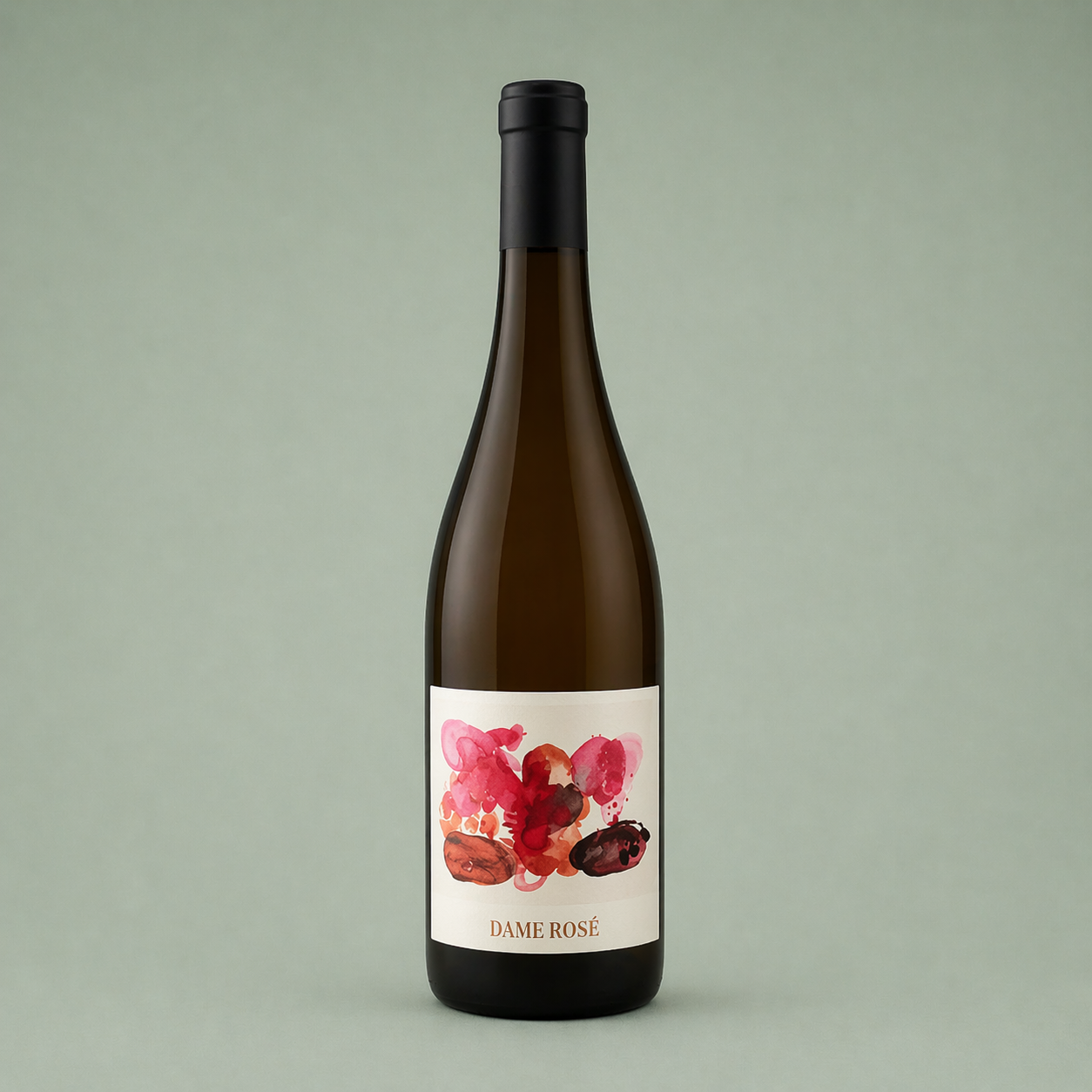 Botella de Dame Rosé, vino rosado artesanal con etiqueta artística de tonos rojos y rosados.
