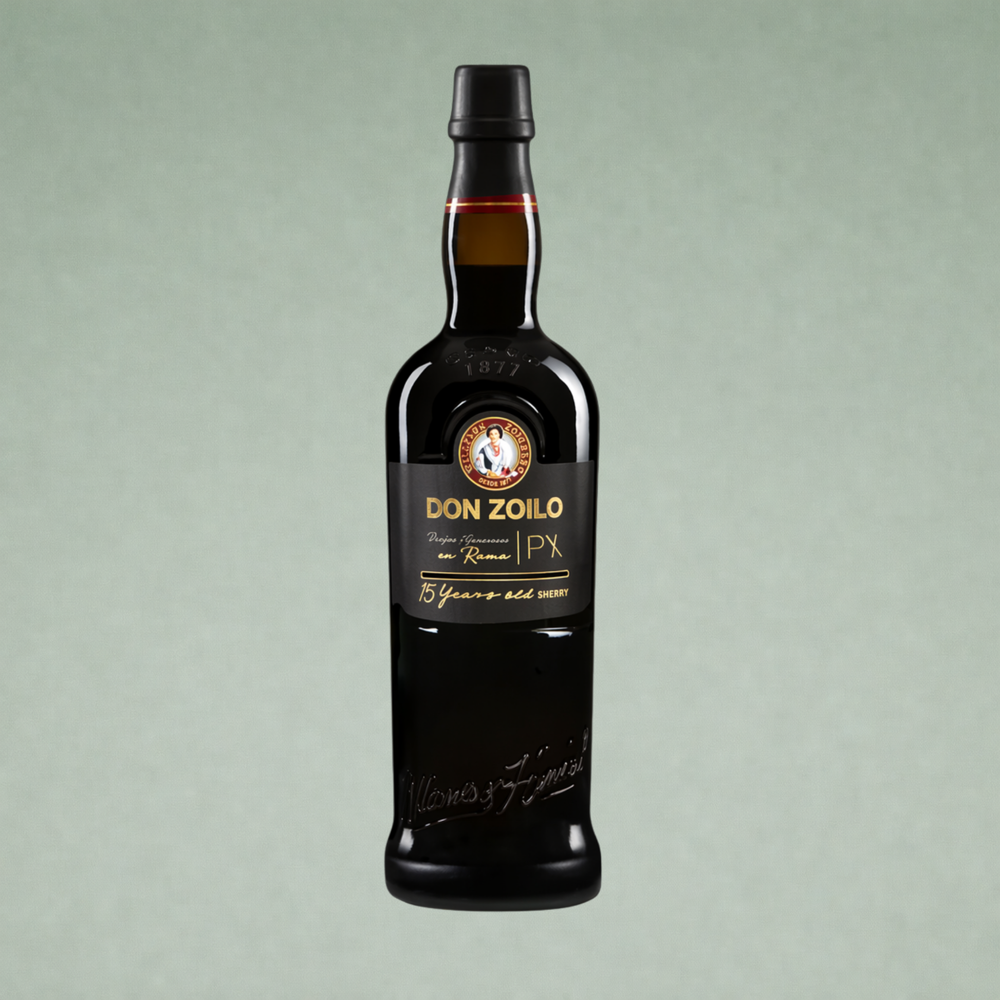 Botella de Don Zoilo PX 15 años, vino generoso Pedro Ximénez envejecido, estilo dulce y concentrado.