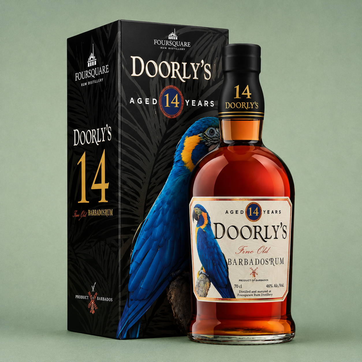 Botella y estuche de ron Doorly’s 14 Years Barbados Rum.