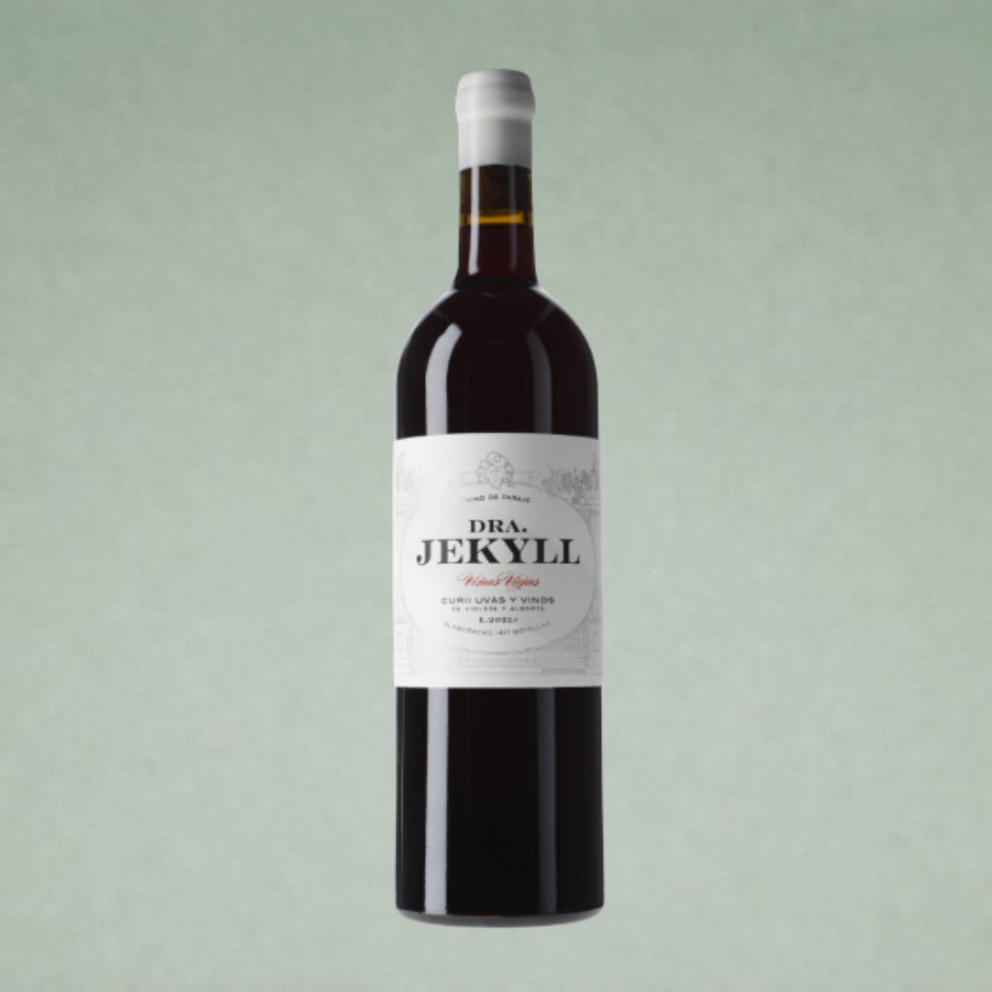 Botella de Dra. Jekyll vino tinto de Curii Uvas y Vinos con etiqueta clásica sobre fondo neutro.
