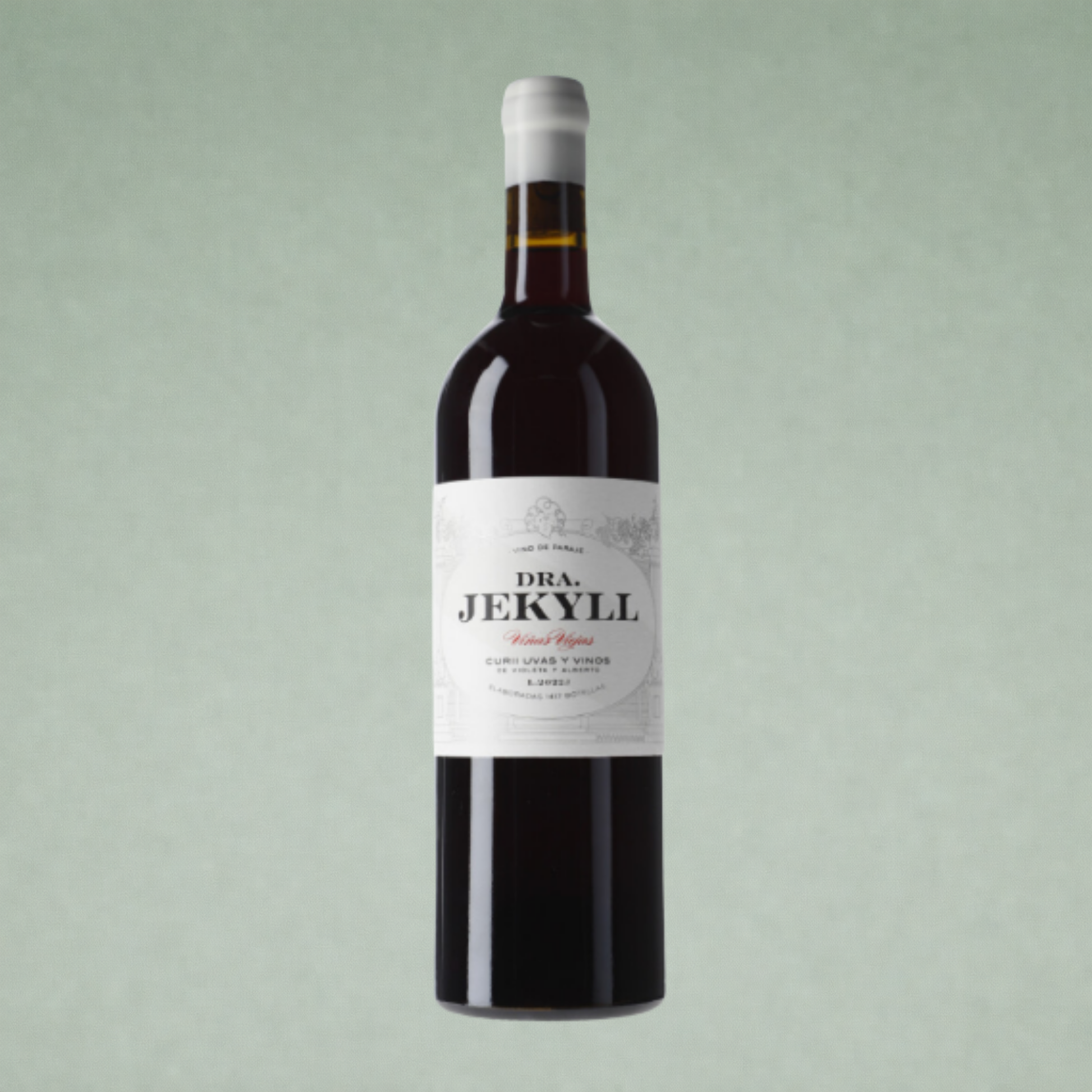 Botella de Dra. Jekyll vino tinto de Curii Uvas y Vinos con etiqueta clásica sobre fondo neutro.