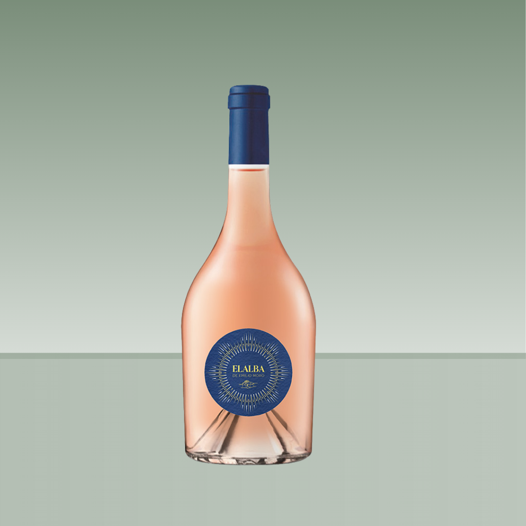 Botella de vino rosado El Alba de Emilio Moro, con cápsula azul y etiqueta redonda azul marino con detalles dorados. Diseño elegante y moderno.