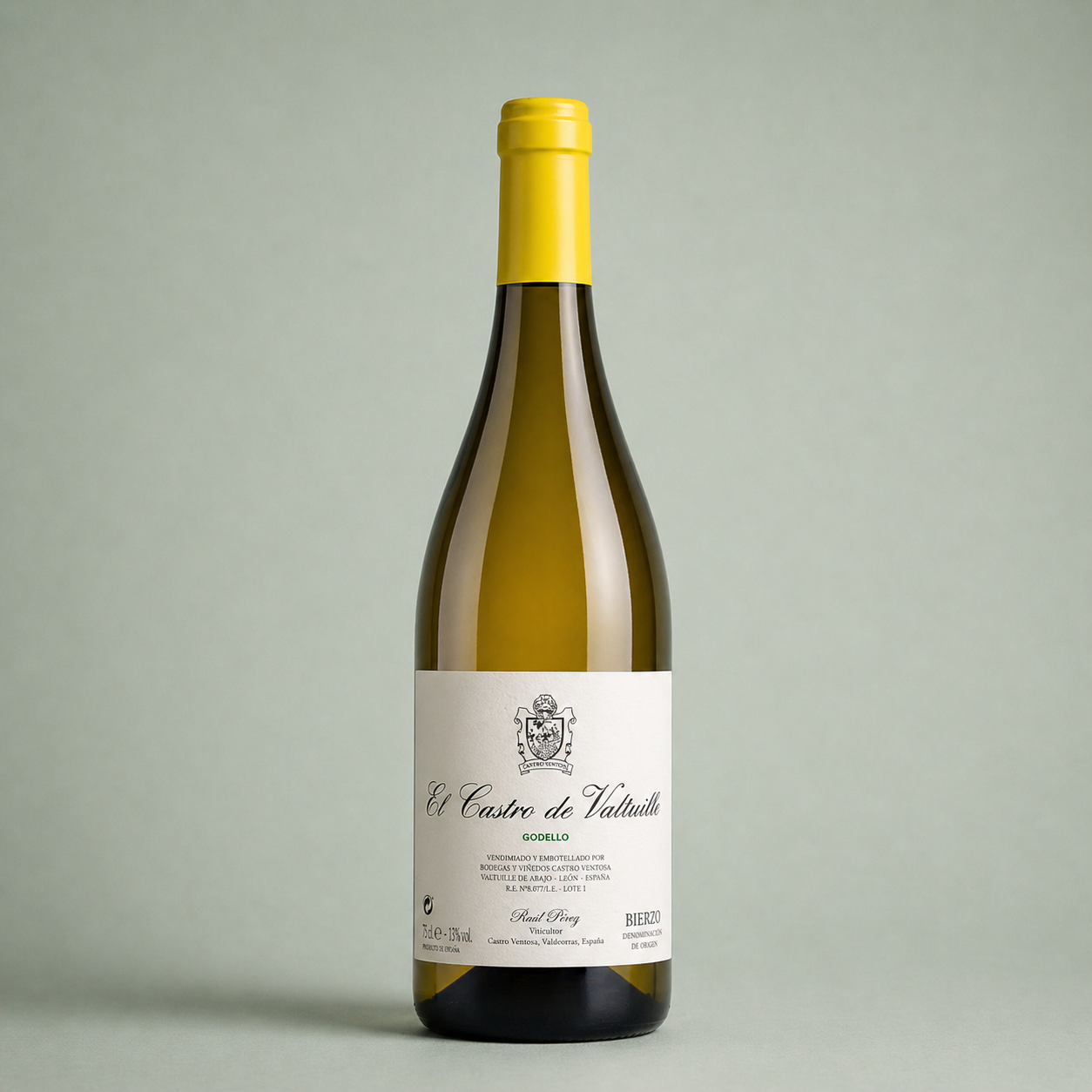 Botella de vino blanco El Castro de Valtuille Godello de Raúl Pérez elaborada en la DO Bierzo.