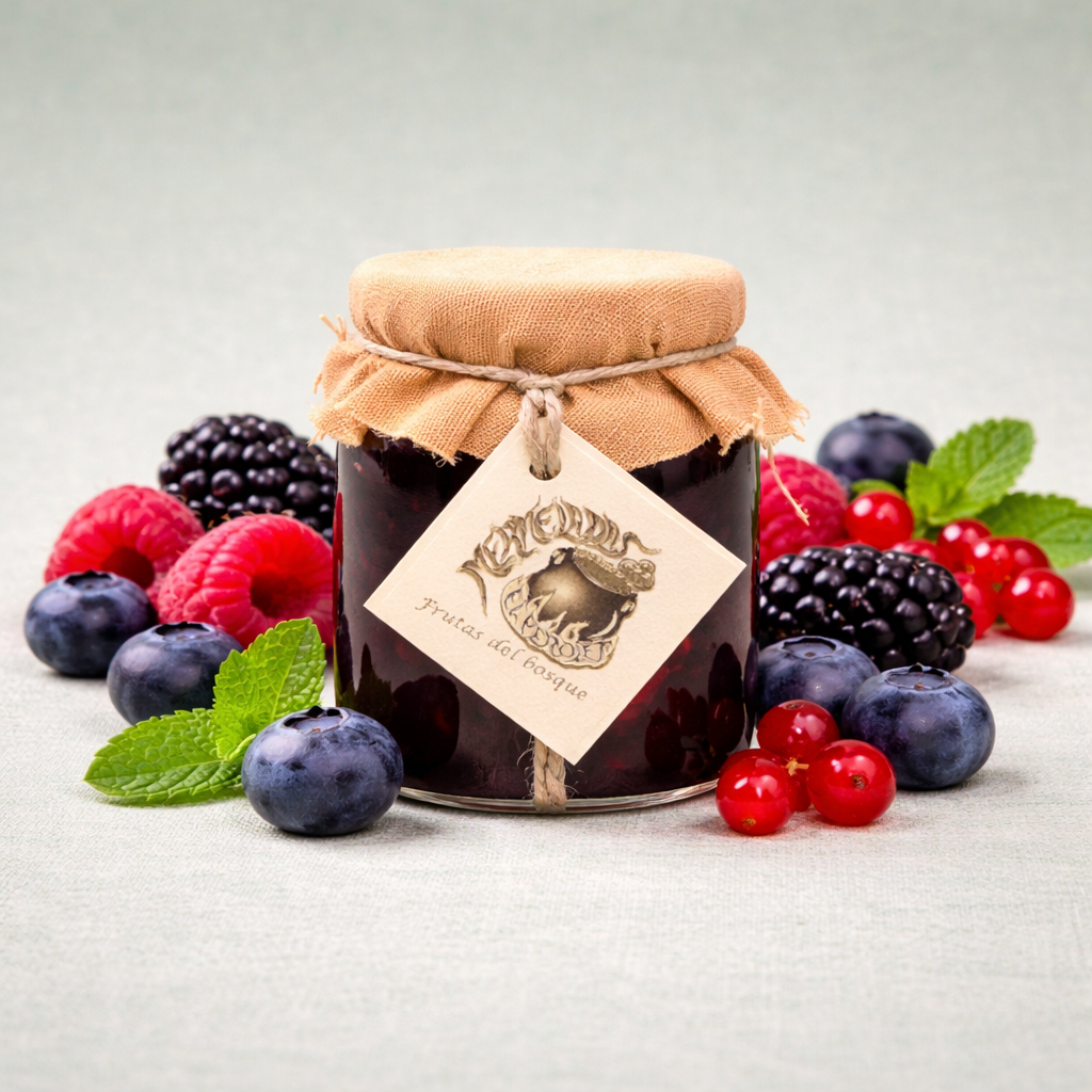 Mermelada de frutas del bosque El Perolet en tarro artesanal con frutos frescos variados