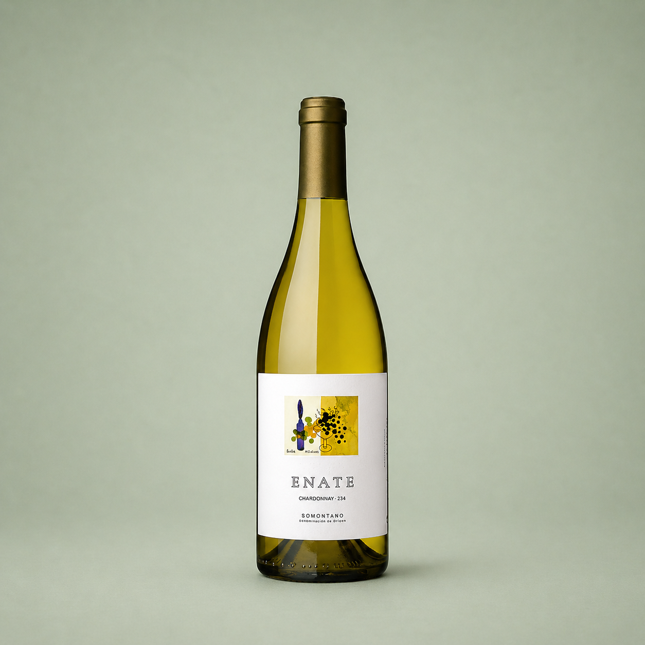 Botella de vino blanco Enate Chardonnay 234 con etiqueta artística colorida.
