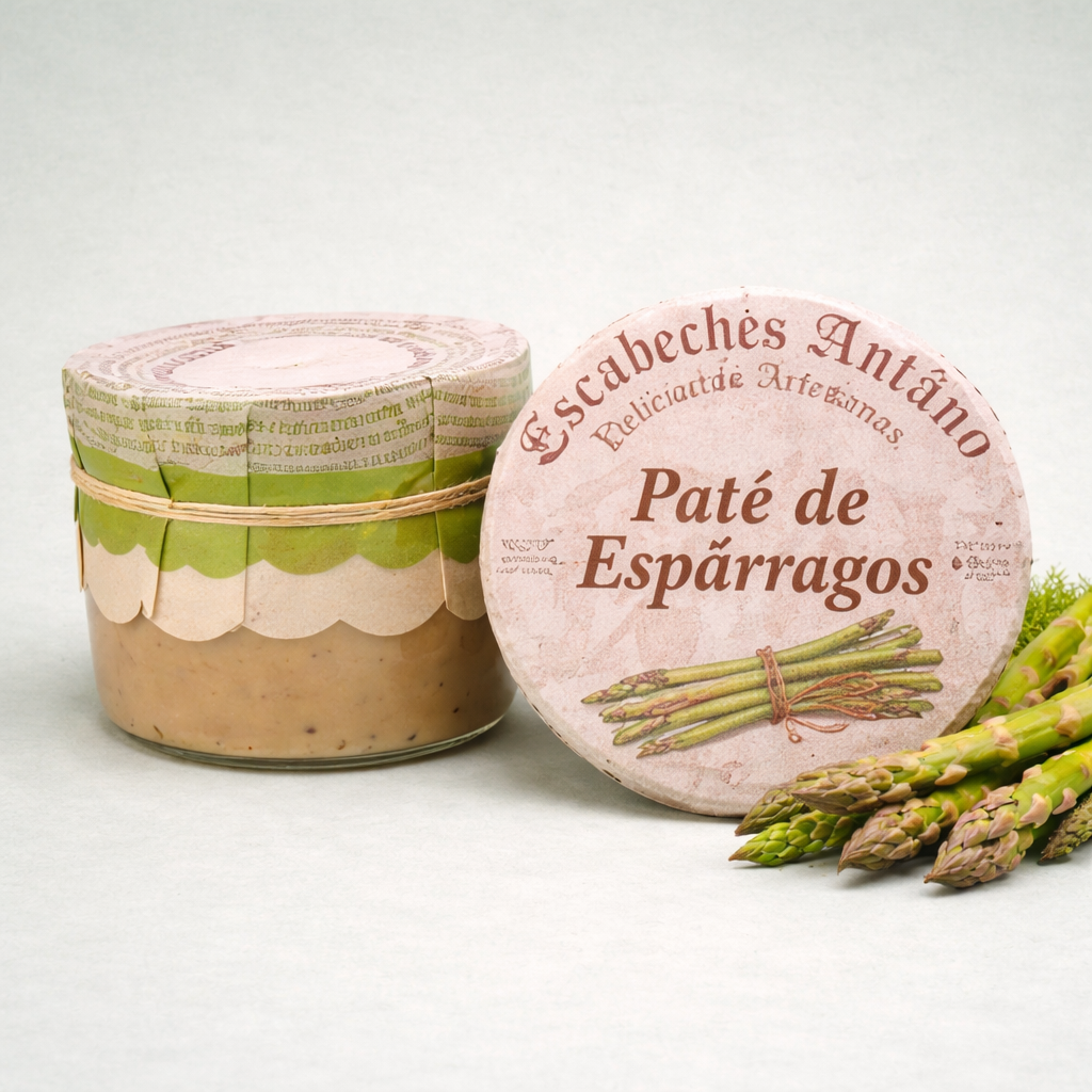 Escabeches Antaño paté de espárragos en tarro artesanal con espárragos frescos