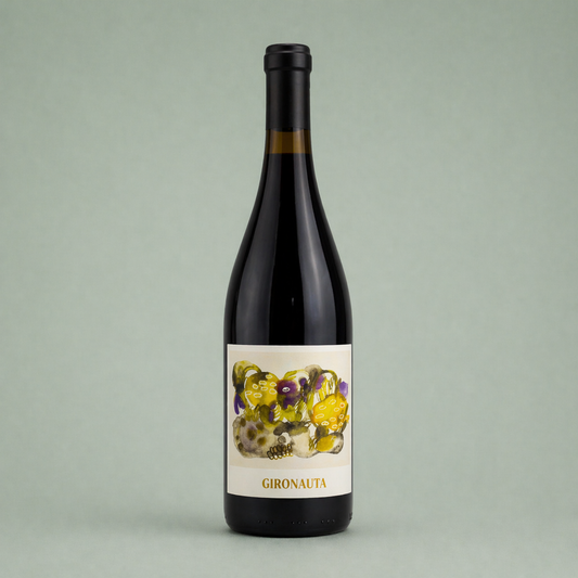 Botella de Gironauta, vino tinto artesanal de jalón con etiqueta ilustrada de estilo artístico en tonos amarillos y morados.