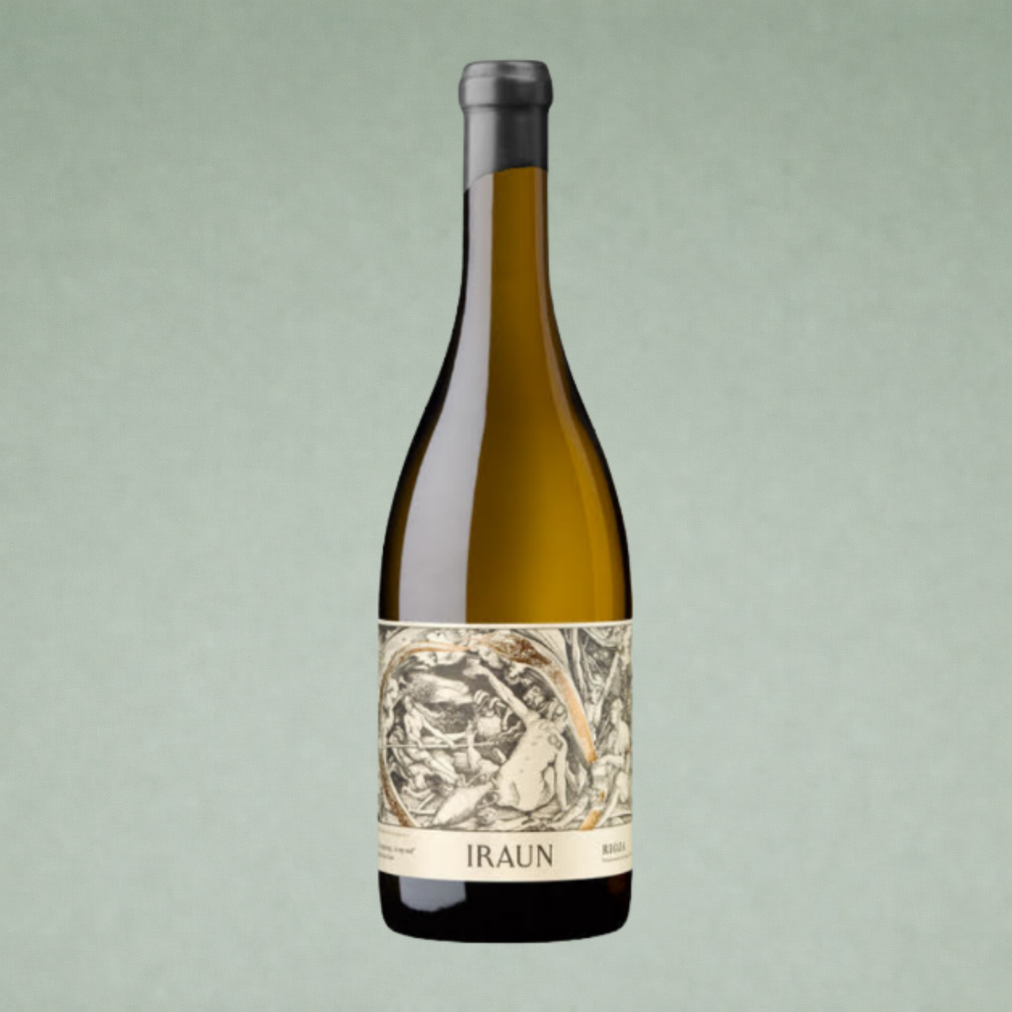Vino blanco Iraun 2024 Oxer Wines Rioja botella sobre fondo verde