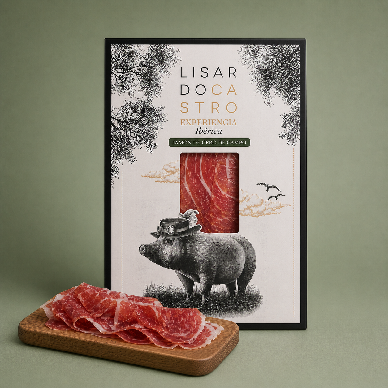 Estuche de jamón ibérico de cebo de campo Lisardo Castro con lonchas finas sobre tabla de madera.
