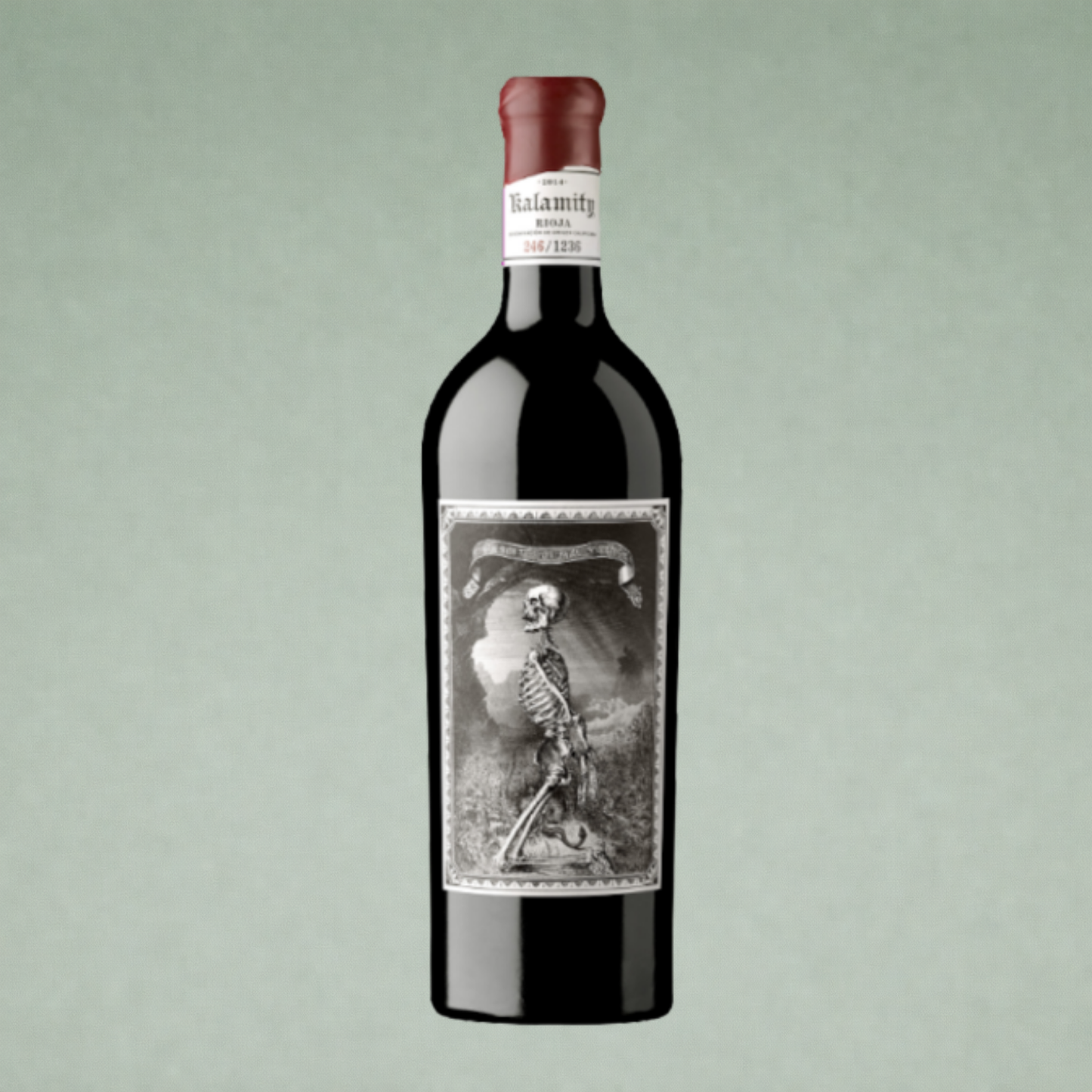 Vino tinto Kalamity 2024 Oxer Wines Rioja botella sobre fondo verde