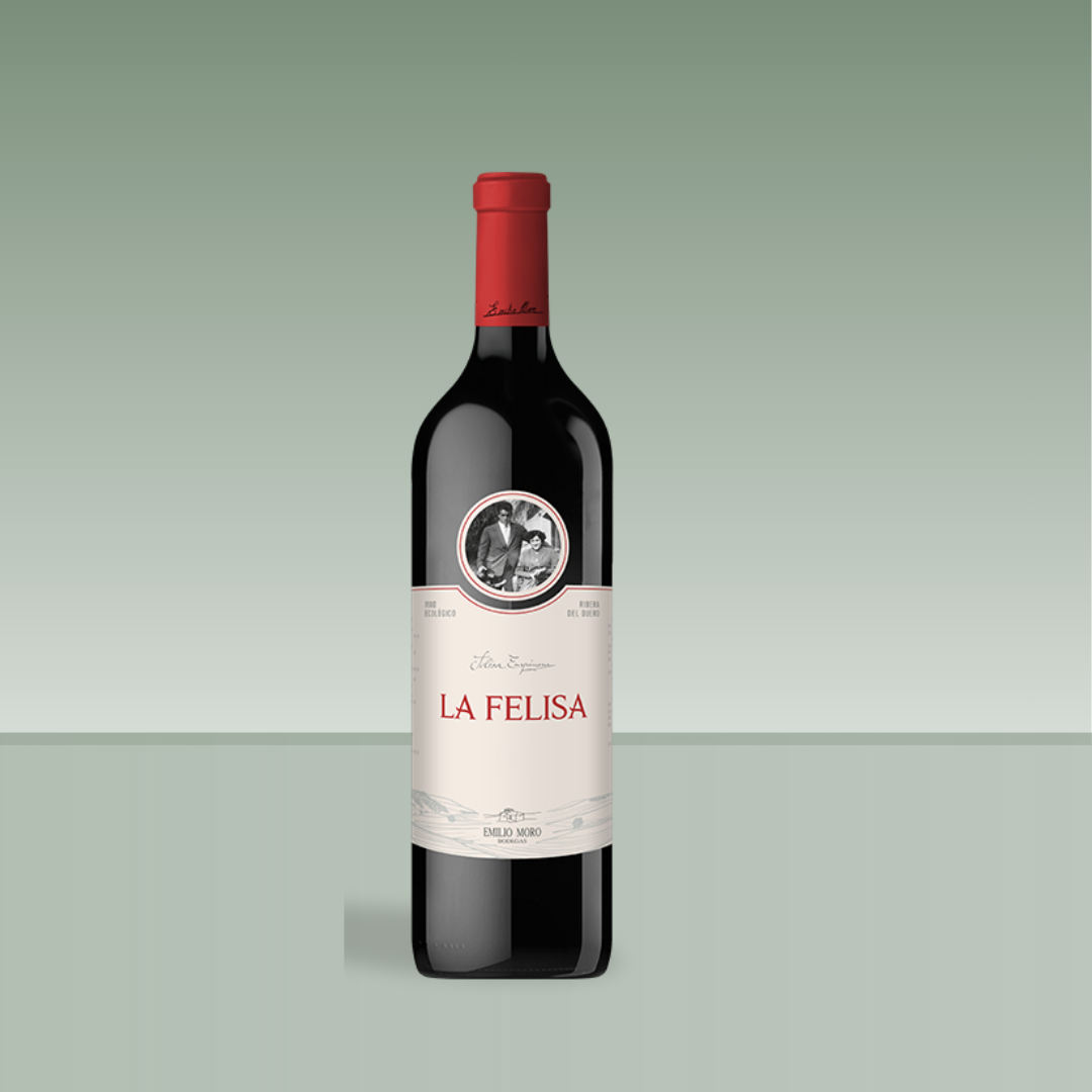 Botella de vino tinto La Felisa de Emilio Moro, con cápsula roja y etiqueta beige que incluye una imagen familiar enmarcada. Vino ecológico de la D.O. Ribera del Duero.