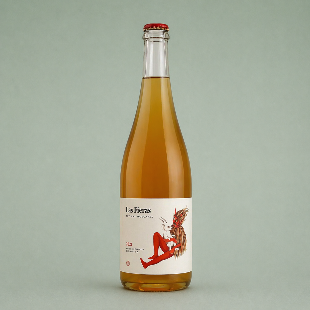 Botella de Las Fieras Pet Nat Moscatel 2021, vino espumoso natural de Jalón con etiqueta ilustrada.