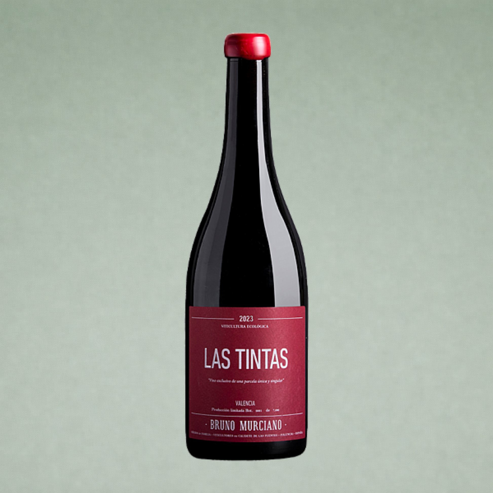 Vino tinto Las Tintas 2023 Bruno Murciano botella sobre fondo verde