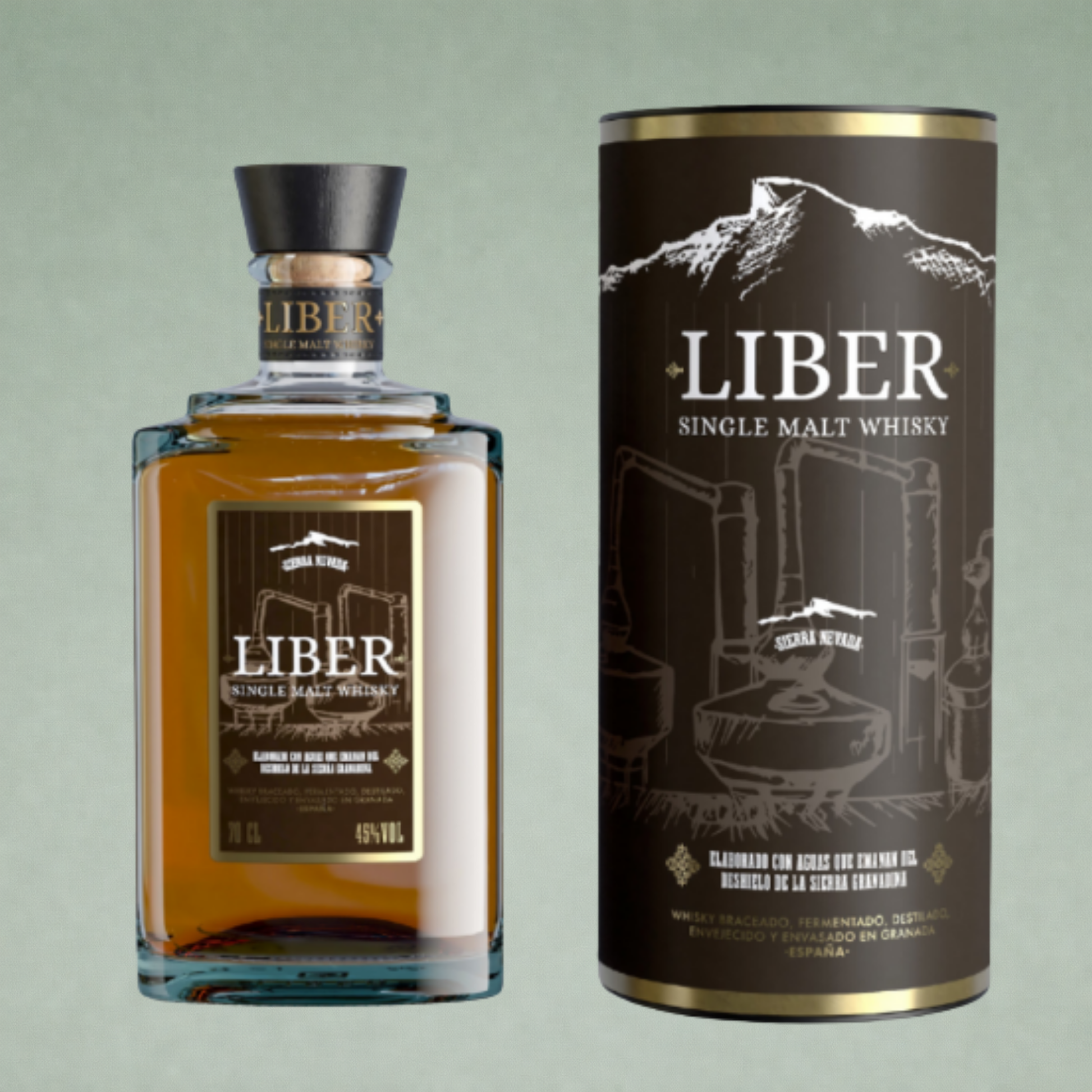 Liber Single Malt Whisky botella con estuche cilíndrico negro