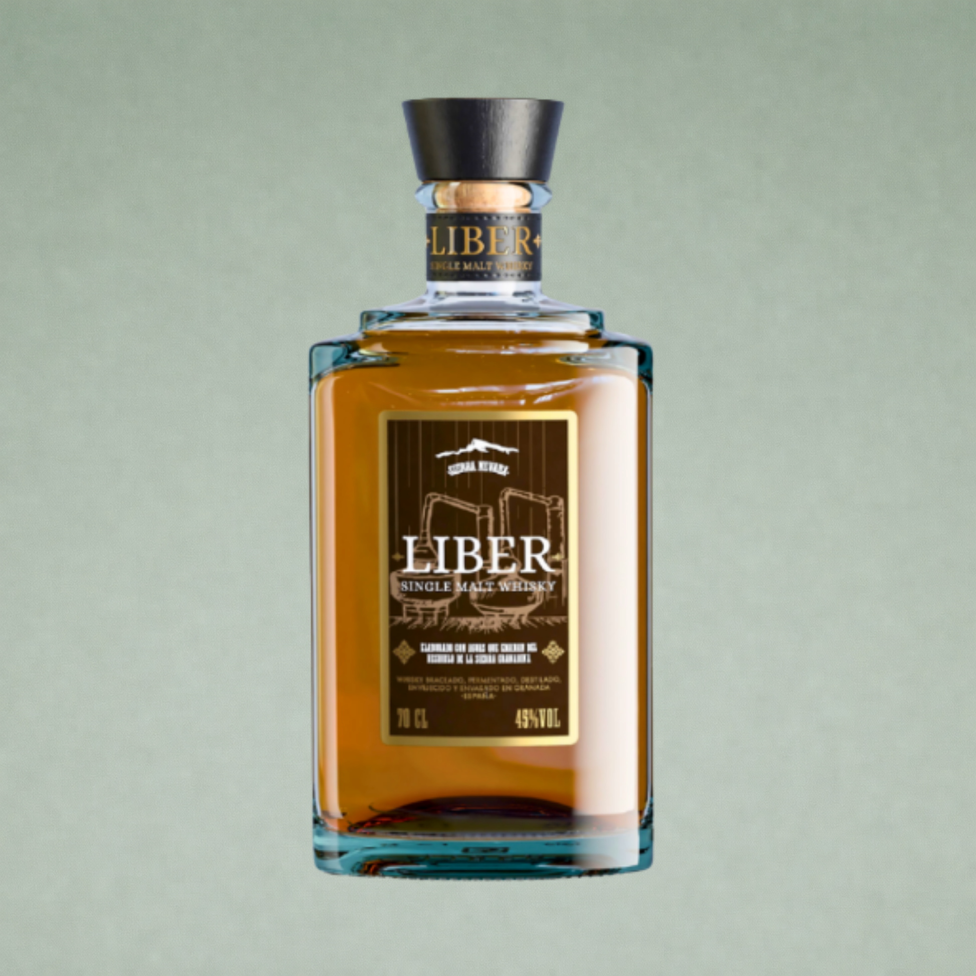 Liber Single Malt Whisky botella cuadrada con etiqueta oscura