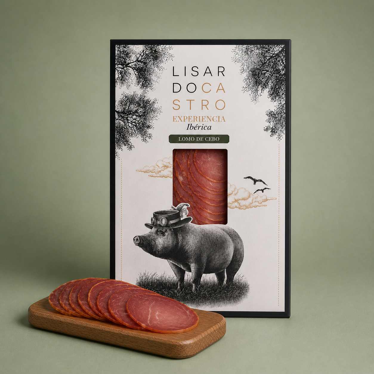 Estuche de lomo ibérico Lisardo Castro con lonchas finas presentadas sobre tabla de madera.

