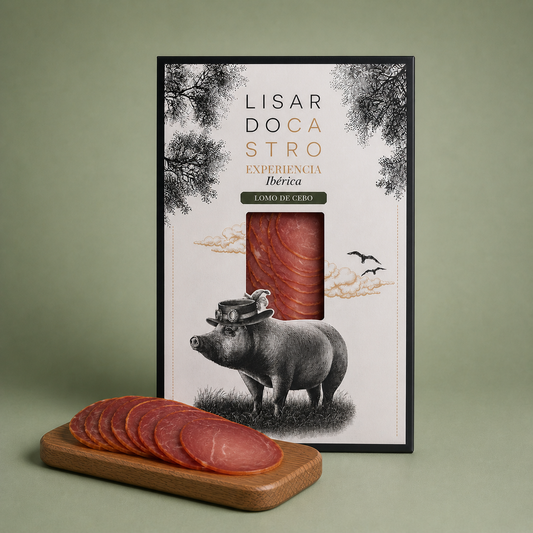 Estuche de lomo ibérico Lisardo Castro con lonchas finas presentadas sobre tabla de madera.

