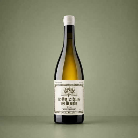 Botella de Los Montes Bellos del Buradón Blanco 2023, vino blanco de Rioja Alavesa elaborado en Labastida.