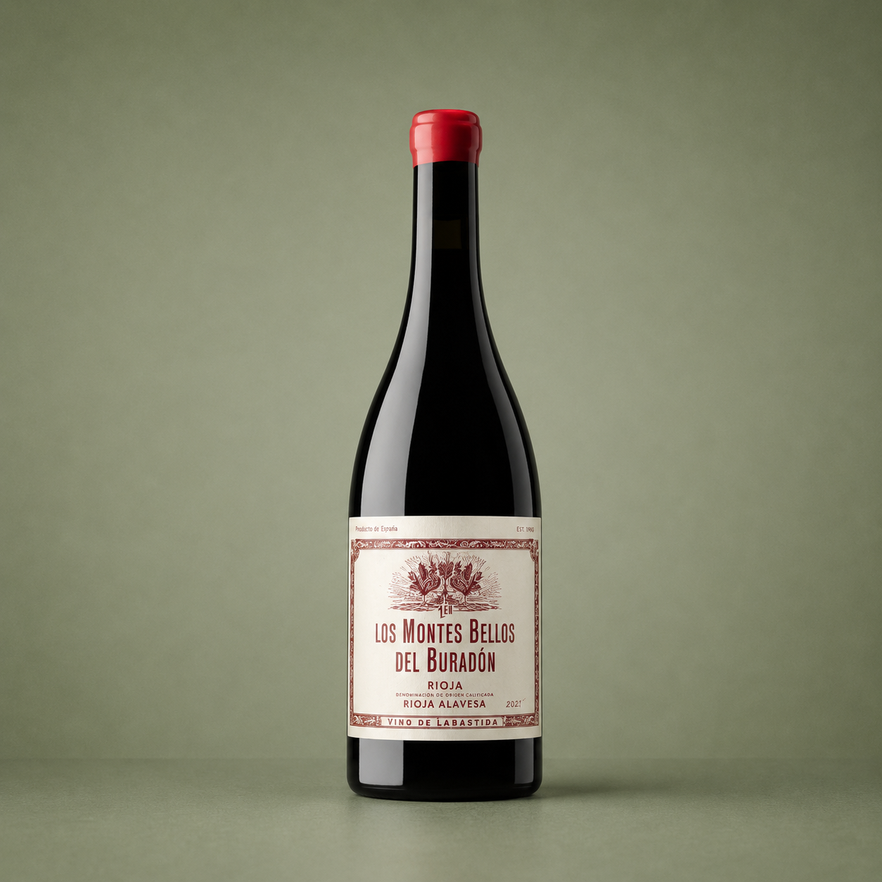 Botella de Los Montes Bellos del Buradón 2021, vino tinto de Rioja Alavesa elaborado en Labastida