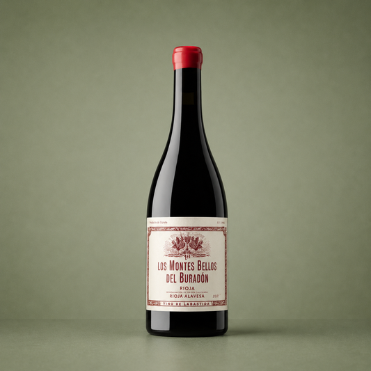 Botella de Los Montes Bellos del Buradón 2021, vino tinto de Rioja Alavesa elaborado en Labastida