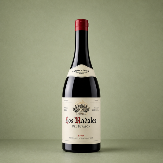 Botella de Los Radales del Buradón, vino tinto de Rioja elaborado por Carlos Sánchez Viticultor.