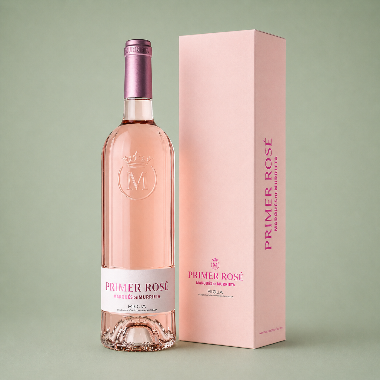 Botella de vino rosado Primer Rosé Marqués de Murrieta con estuche rosa original.