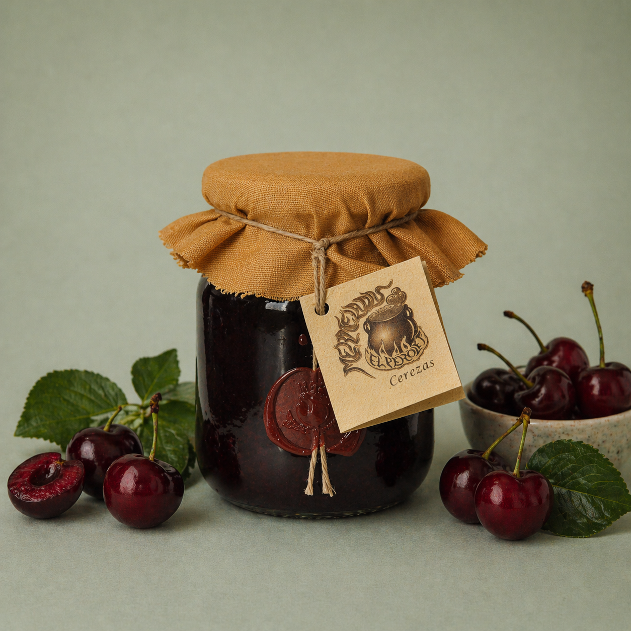 Tarro de mermelada artesanal de cereza con tela y cuerda, acompañado de cerezas frescas alrededor.
